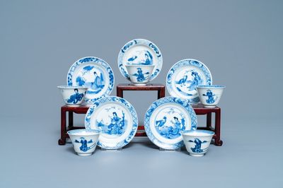 Five Chinese blue and white cups and saucers, Chenghua mark, Kangxi