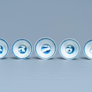 Five Chinese blue and white cups and saucers, Chenghua mark, Kangxi — photo 9