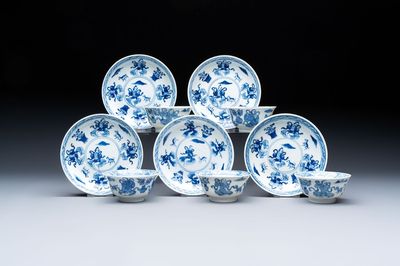 Five Chinese blue and white cups and saucers, Kangxi mark, 19th C.