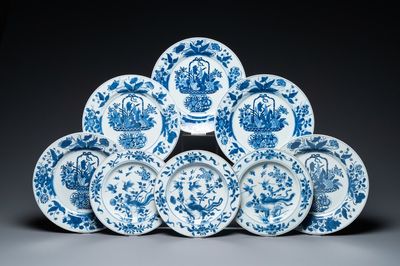 Five Chinese blue and white dishes and three plates, Kangxi
