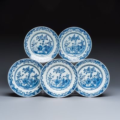 Five Chinese blue and white dishes with ladies in a garden, Qianlong