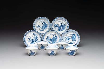 Five Chinese blue and white 'elegant beauty and boy' cups and saucers, Chenghua mark, Kangxi