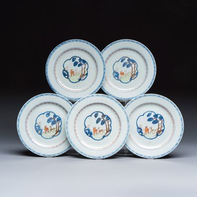 Five Chinese blue and white, gilt- and iron-red-decorated 'Deer' plates, Qianlong
