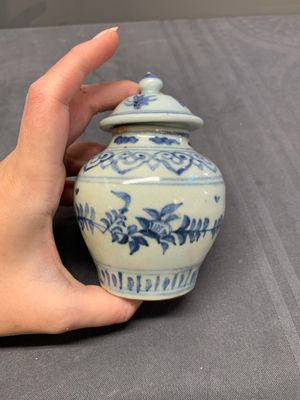Five Chinese blue and white jarlets and three russet-splashed Longquan celadon jarlets, Yuan/Ming — photo 44