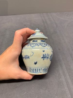 Five Chinese blue and white jarlets and three russet-splashed Longquan celadon jarlets, Yuan/Ming — photo 47