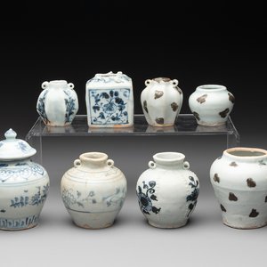 Five Chinese blue and white jarlets and three russet-splashed Longquan celadon jarlets, Yuan/Ming — photo 1