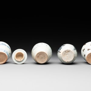 Five Chinese blue and white jarlets and three russet-splashed Longquan celadon jarlets, Yuan/Ming — photo 5