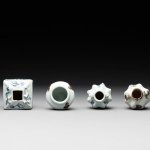 Five Chinese blue and white jarlets and three russet-splashed Longquan celadon jarlets, Yuan/Ming — photo 8