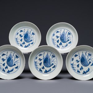 Five Chinese blue and white ko-sometsuke ‘prawn’ plates for the Japanese market, Tianqi — 照片 1