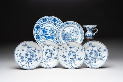 Five Chinese blue and white plates, a dish and a spittoon, Kangxi/Qianlong