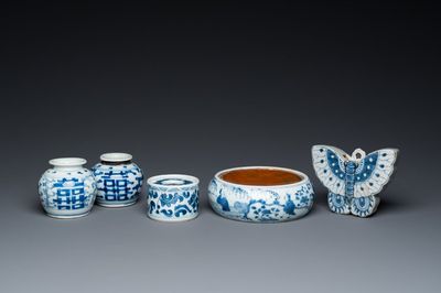 Five Chinese blue and white porcelain wares, Kangxi and later