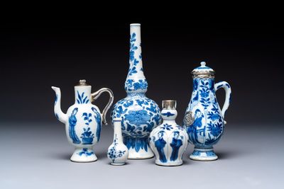 Five Chinese blue and white wares, three silver-mounted, Kangxi