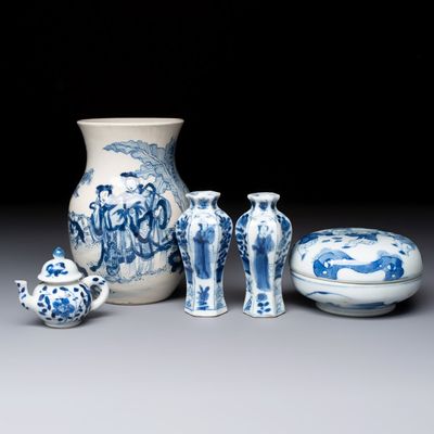 Five Chinese blue and white wares, Kangxi and artemisia leaf marks, Kangxi and later