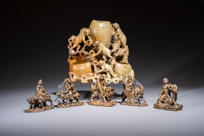 Five Chinese bronze 'Immortal' groups and a carved soapstone 'Monkeys' sculpture, 20th C.