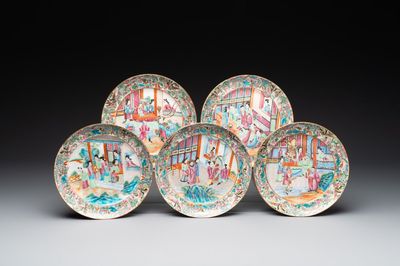 Five Chinese Canton famille rose plates with narrative design, 19th C.