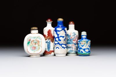 Five Chinese copper-red, blue and white, and polychrome snuff bottles, Yongzheng and Daoguang marks, 19/20th C.