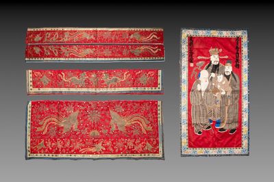 Five Chinese embroidered silk cloths with phoenixes, Buddhist lions and Sanxing, 19/20th C.