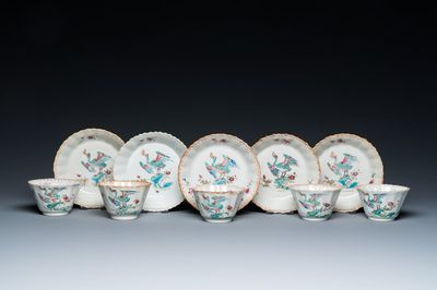 Five Chinese famille rose cups and saucers with a heron eating a fish, Qianlong