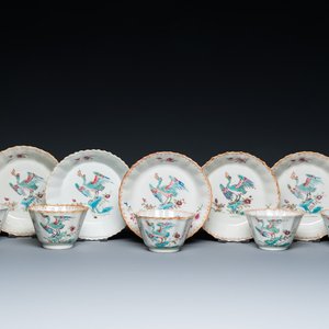 Five Chinese famille rose cups and saucers with a heron eating a fish, Qianlong — photo 1