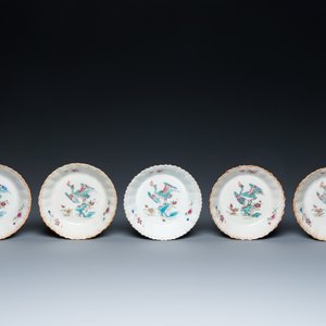 Five Chinese famille rose cups and saucers with a heron eating a fish, Qianlong — photo 2