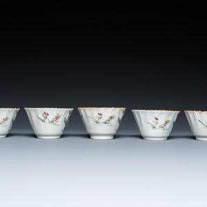 Five Chinese famille rose cups and saucers with a heron eating a fish, Qianlong — photo 7