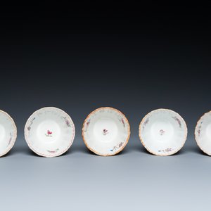 Five Chinese famille rose cups and saucers with a heron eating a fish, Qianlong — photo 8