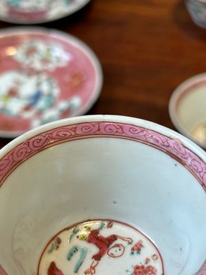 Five Chinese famille rose cups and saucers with figures, Yongzheng — photo 17