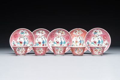 Five Chinese famille rose cups and saucers with figures, Yongzheng