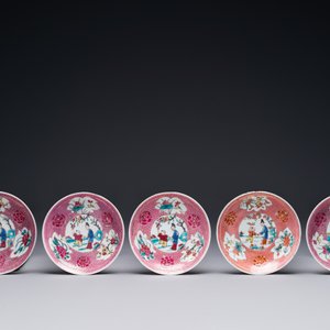 Five Chinese famille rose cups and saucers with figures, Yongzheng — photo 7