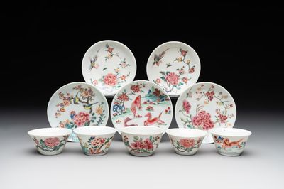 Five Chinese famille rose cups and saucers with horses, birds and flowers, Yongzheng/Qianlong