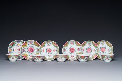 Five Chinese famille rose cups and six saucers with floral decor, Yongzheng/Qianlong