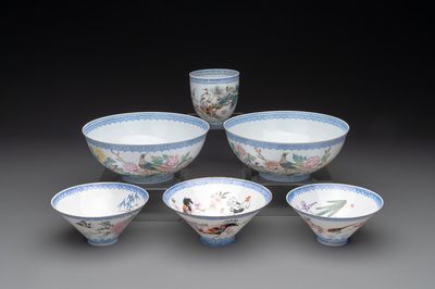 Five Chinese famille rose eggshell bowls and a cup, 20th C.