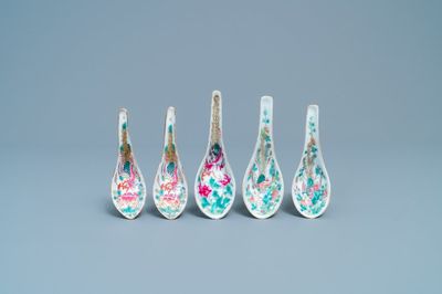 Five Chinese famille rose 'phoenix' spoons for the Straits or Peranakan market, 19/20th C.