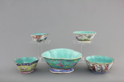 Five Chinese famille rose porcelain bowls, 19th C.
