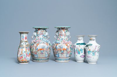 Five Chinese famille rose vases, 19th C.