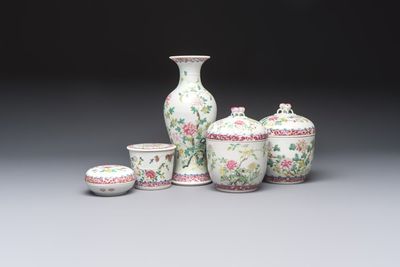 Five Chinese famille rose wares with floral design, Qianlong and Hongxian marks, Republic