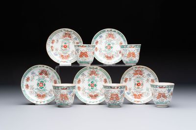 Five Chinese famille verte cups and saucers with floral design, 19th C.