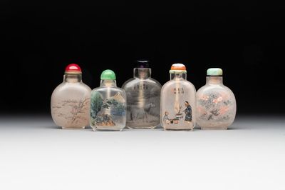 Five Chinese inside-painted glass snuff bottles, signed Ma Shaoxuan 馬少宣, Pu Ru 溥儒 and Ye Zhongsan 葉仲三, 20th C., one dated 1962