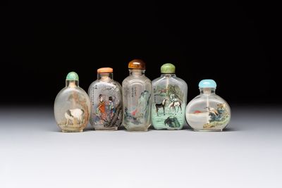 Five Chinese inside-painted snuff bottles, signed Chen Runpu 陈润璞 and Sun Xuecun 孙雪村, 20th C.