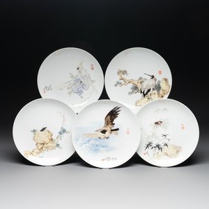 Five Chinese polychrome plates, signed Zou Furen 邹甫仁, dated 1989 — photo 1