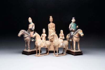 Five Chinese polychrome pottery figures, Sui/Tang/Ming