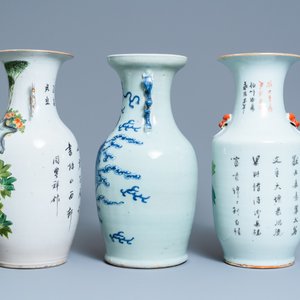 Five Chinese qianjiang cai, famille rose and celadon vases, 19/20th C. — 照片 5