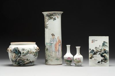 Five Chinese qianjiang cai wares, signed Wang Shaowei 王少維, Cheng Xingsheng 程興盛, Wang Xiaoting 汪小亭, 19/20th C.