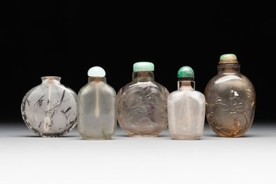 Five Chinese rock crystal and needle agate snuff bottles, Qing