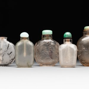 Five Chinese rock crystal and needle agate snuff bottles, Qing — foto 1