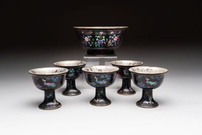 Five Chinese silver-lined laque burgauté stem cups and a bowl, 18th C.