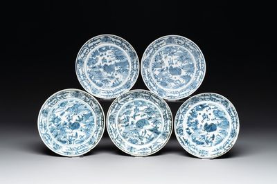 RETURNED 10/12/24 Five Chinese Swatow blue and white 'rooster' plates, Ming