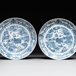 RETURNED 10/12/24 Five Chinese Swatow blue and white 'rooster' plates, Ming — photo 4