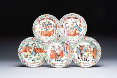Five Dutch-decorated English 'Religious Subject' creamware plates, 18th C.