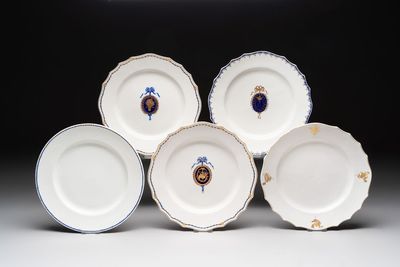 Five gilt-decorated and blue-enamelled Tournai porcelain plates, golden crossed swords and four crosses marks, 18th C.